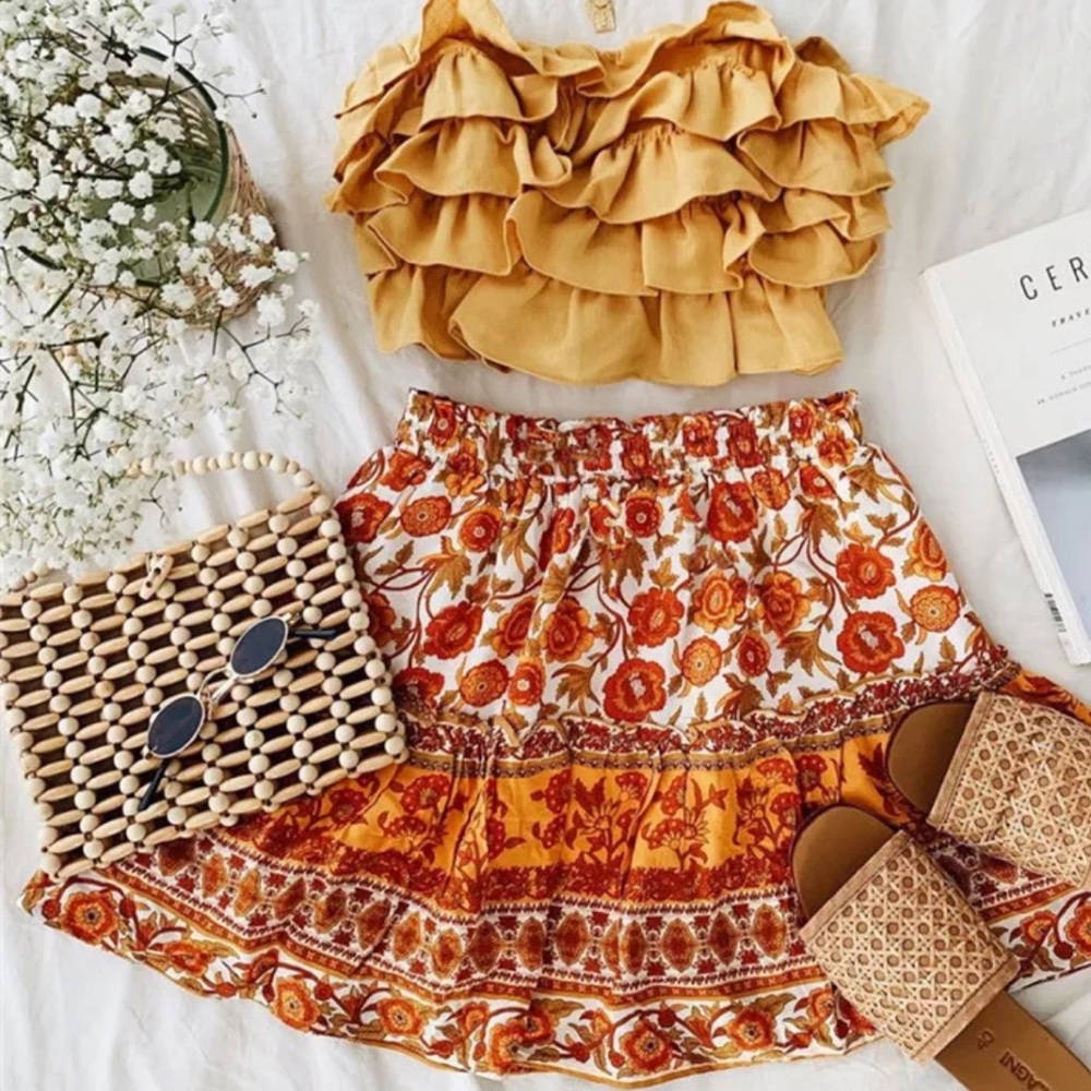 Boho Floral Gypsy Print Mini Skirt Ruffle Tier - Picture 2 of 6